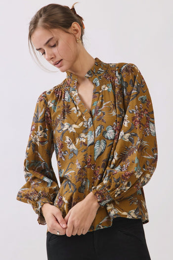 Oddi Floral Vine Print Blouse in Dark Mustard Multi
