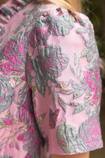 VOY Floral Jacquard Ruffle Mini Dress in Mauve