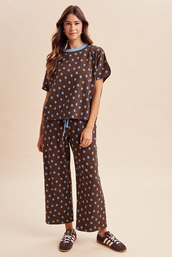 AnnieWear Polka Dot Knit Pullover & Wide Pants Set in Brown