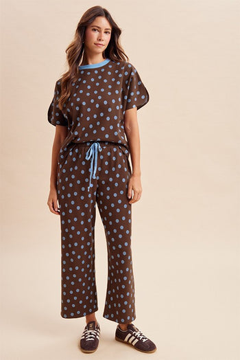 AnnieWear Polka Dot Knit Pullover & Wide Pants Set in Brown