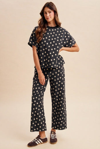 AnnieWear Polka Dot Knit Pullover & Wide Pants Set in Black