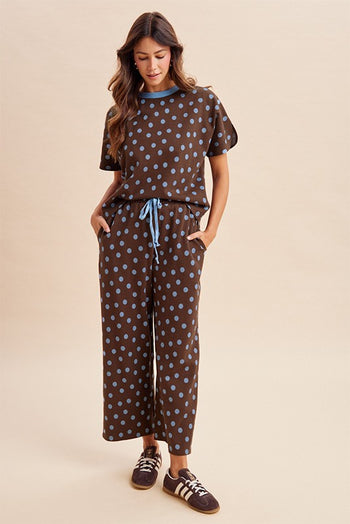 AnnieWear Polka Dot Knit Pullover & Wide Pants Set in Brown