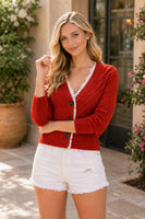 Sew in Love Cable Knit Lace Trim Button-Front Cardigan in Red