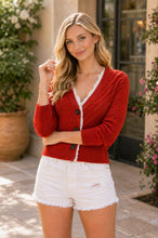 Load image into Gallery viewer, Sew in Love Cable Knit Lace Trim Button-Front Cardigan in Red
