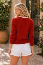 Load image into Gallery viewer, Sew in Love Cable Knit Lace Trim Button-Front Cardigan in Red

