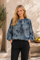 Sew in Love Floral Ruffle Mock Neck Blouse in Steel Blue