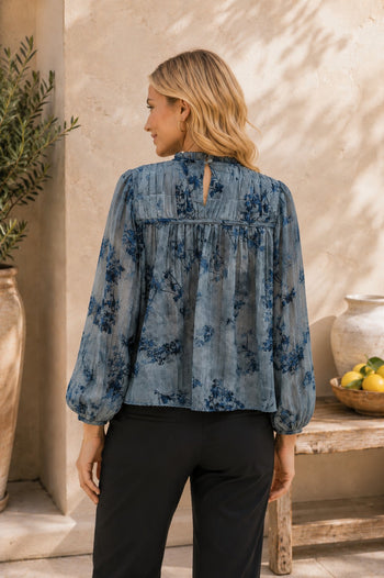 Sew in Love Floral Ruffle Mock Neck Blouse in Steel Blue
