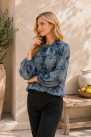 Sew in Love Floral Ruffle Mock Neck Blouse in Steel Blue