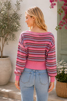 Sew in Love Ribbed Waistband Long Sleeve Striped Sweater in Pink/Red