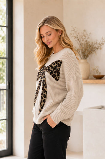 Sew in Love Leopard Bow Round Neck Long Sleeve Sweater in Oatmeal