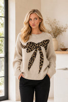 Sew in Love Leopard Bow Round Neck Long Sleeve Sweater in Oatmeal