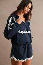 Load image into Gallery viewer, MABLE Hood Half Zip-up Lace Trim Windbreaker Jacket And Shorts Set in Navy
