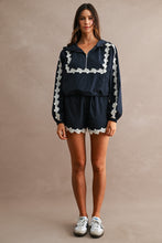 Load image into Gallery viewer, MABLE Hood Half Zip-up Lace Trim Windbreaker Jacket And Shorts Set in Navy
