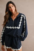 MABLE Hood Half Zip-up Lace Trim Windbreaker Jacket And Shorts Set in Navy