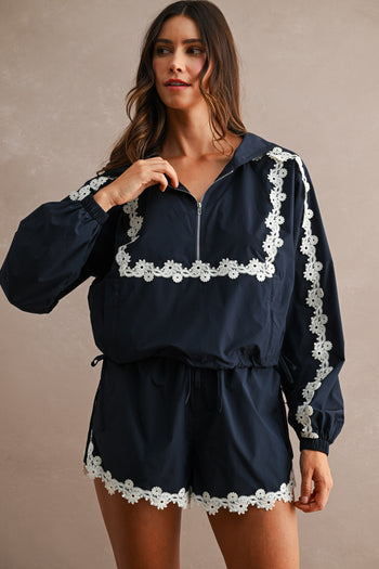 MABLE Hood Half Zip-up Lace Trim Windbreaker Jacket And Shorts Set in Navy