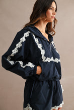 Load image into Gallery viewer, MABLE Hood Half Zip-up Lace Trim Windbreaker Jacket And Shorts Set in Navy
