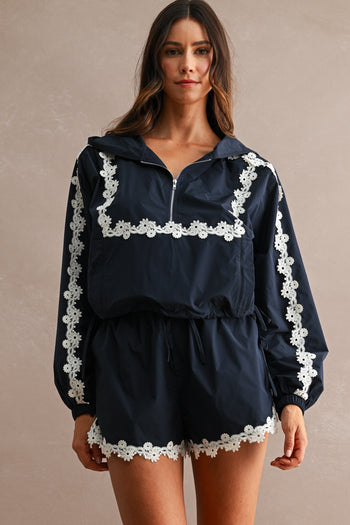 MABLE Hood Half Zip-up Lace Trim Windbreaker Jacket And Shorts Set in Navy
