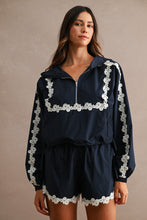 Load image into Gallery viewer, MABLE Hood Half Zip-up Lace Trim Windbreaker Jacket And Shorts Set in Navy
