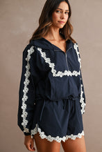Load image into Gallery viewer, MABLE Hood Half Zip-up Lace Trim Windbreaker Jacket And Shorts Set in Navy
