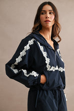 Load image into Gallery viewer, MABLE Hood Half Zip-up Lace Trim Windbreaker Jacket And Shorts Set in Navy
