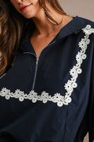 MABLE Hood Half Zip-up Lace Trim Windbreaker Jacket And Shorts Set in Navy