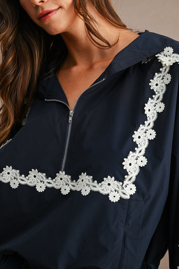 MABLE Hood Half Zip-up Lace Trim Windbreaker Jacket And Shorts Set in Navy