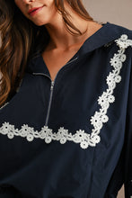 Load image into Gallery viewer, MABLE Hood Half Zip-up Lace Trim Windbreaker Jacket And Shorts Set in Navy
