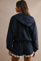 MABLE Hood Half Zip-up Lace Trim Windbreaker Jacket And Shorts Set in Navy