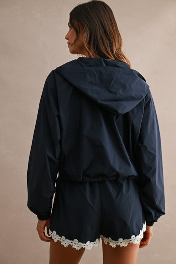MABLE Hood Half Zip-up Lace Trim Windbreaker Jacket And Shorts Set in Navy