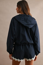 Load image into Gallery viewer, MABLE Hood Half Zip-up Lace Trim Windbreaker Jacket And Shorts Set in Navy
