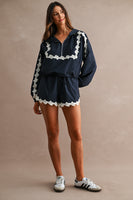 MABLE Hood Half Zip-up Lace Trim Windbreaker Jacket And Shorts Set in Navy
