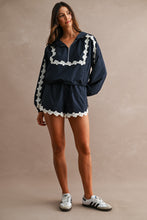 Load image into Gallery viewer, MABLE Hood Half Zip-up Lace Trim Windbreaker Jacket And Shorts Set in Navy
