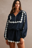 MABLE Hood Half Zip-up Lace Trim Windbreaker Jacket And Shorts Set in Navy