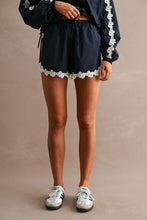 Load image into Gallery viewer, MABLE Hood Half Zip-up Lace Trim Windbreaker Jacket And Shorts Set in Navy
