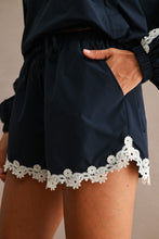 Load image into Gallery viewer, MABLE Hood Half Zip-up Lace Trim Windbreaker Jacket And Shorts Set in Navy
