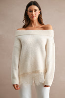 MABLE Off Shoulder Lace Hem Sweater in Cream