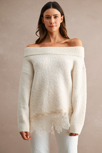 MABLE Off Shoulder Lace Hem Sweater in Cream