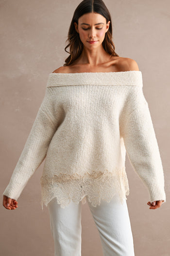 MABLE Off Shoulder Lace Hem Sweater in Cream