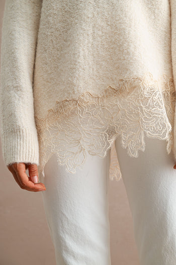 MABLE Off Shoulder Lace Hem Sweater in Cream