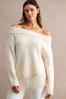 MABLE Off Shoulder Lace Hem Sweater in Cream