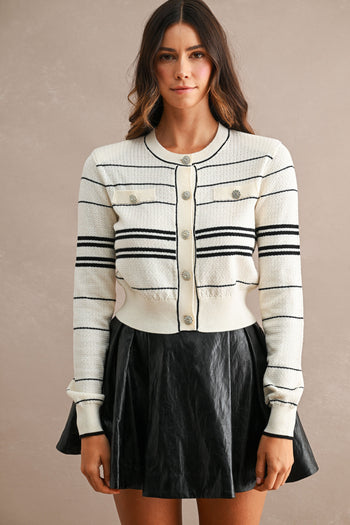 MABLE Striped Jewel Button Down Knit Cardigan in Cream