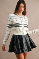 MABLE Striped Jewel Button Down Knit Cardigan in Cream