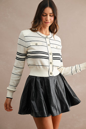 MABLE Striped Jewel Button Down Knit Cardigan in Cream
