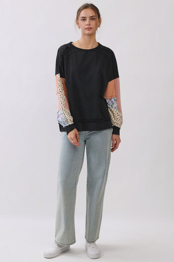 Oddi Mixed Media Raglan Sweatshirt in Washed Black