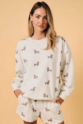 Sunday Edition Weenie Dog All Over Print Crew Neck Sweatshirt in Melange