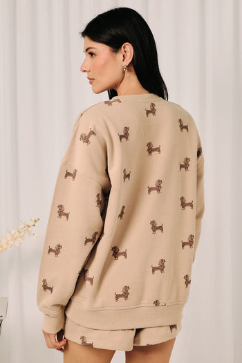 Sunday Edition Weenie Dog All Over Print Crew Neck Sweatshirt in Mocha
