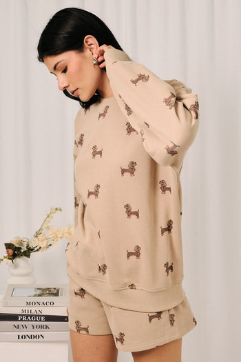 Sunday Edition Weenie Dog All Over Print Crew Neck Sweatshirt in Mocha