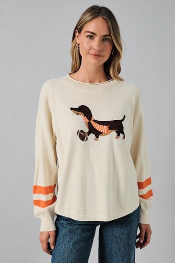 Sunday Edition Game Day Dog Graphic Knit Sweater in Cream Orange