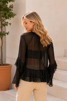 Sew in Love Sheer Ruffle Trim Tie-Front Chiffon Blouse in Black