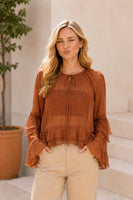 Sew in Love Sheer Ruffle Trim Tie-Front Chiffon Blouse in Brick